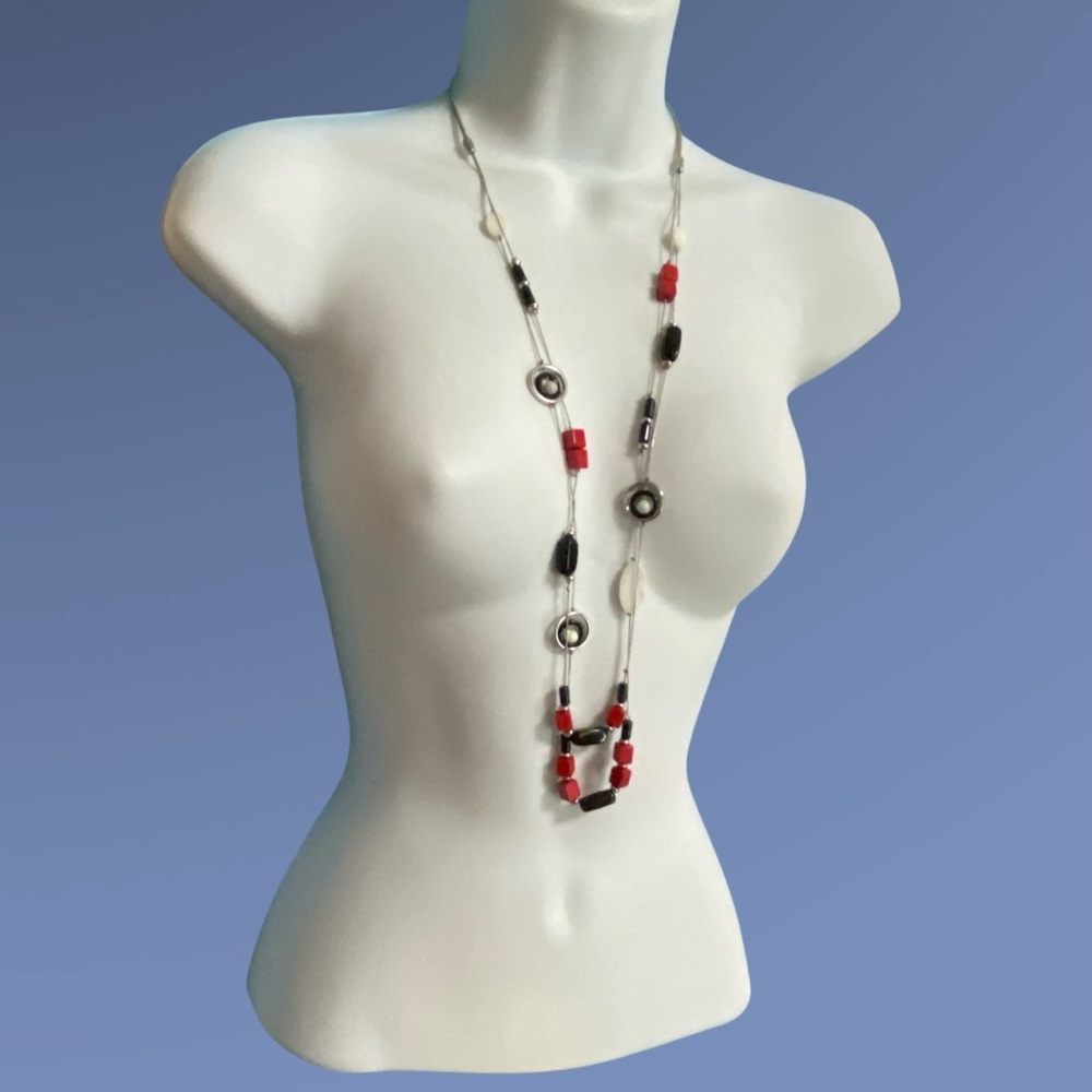 CHICO"S Red Black White Beads Long Layered Necklace